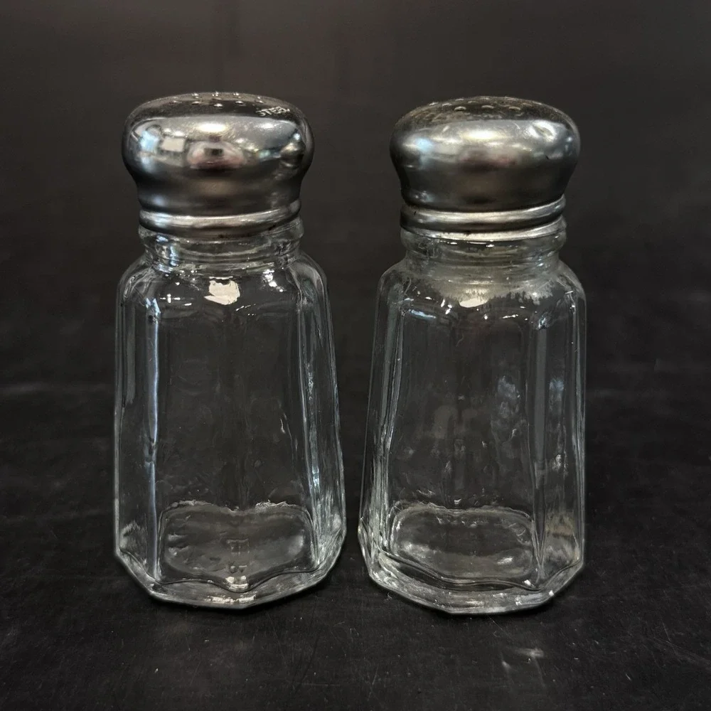 Clear Glass Salt & Pepper Shaker Set w Stainless Steel Lids Marked B